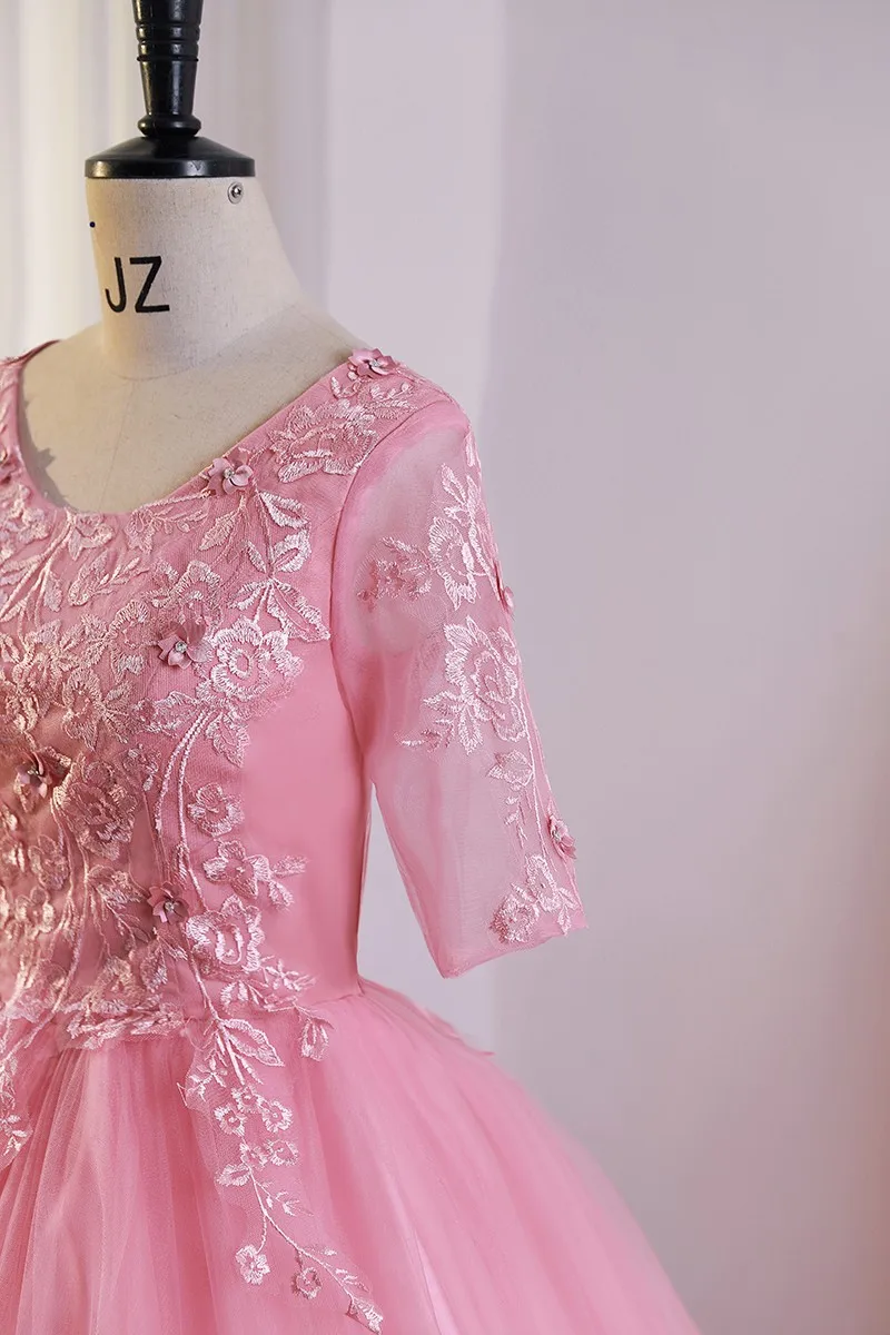 Ashley Gloria-Robe Quinceanera à manches courtes, robe de soirée rose élégante, robe de Rhen dentelle classique, photo réelle, robe éducative, nouveau, 2023