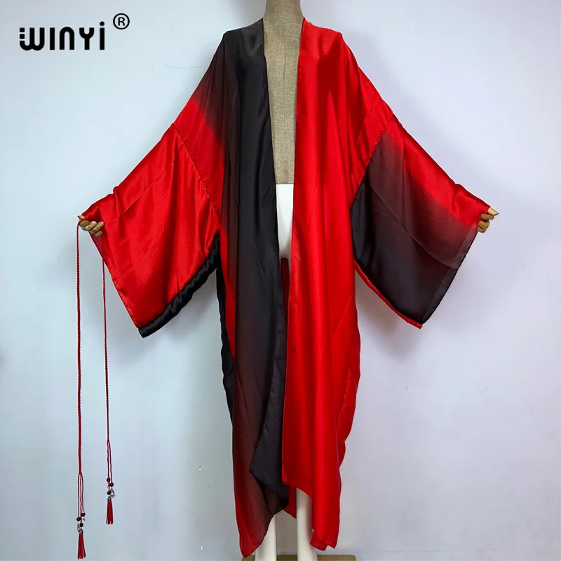 WINYI 2023 Women Bohemian Gradual printing dress African Cardigans Outerwear For Women kaftan Summer Sexy silk feeling kimono