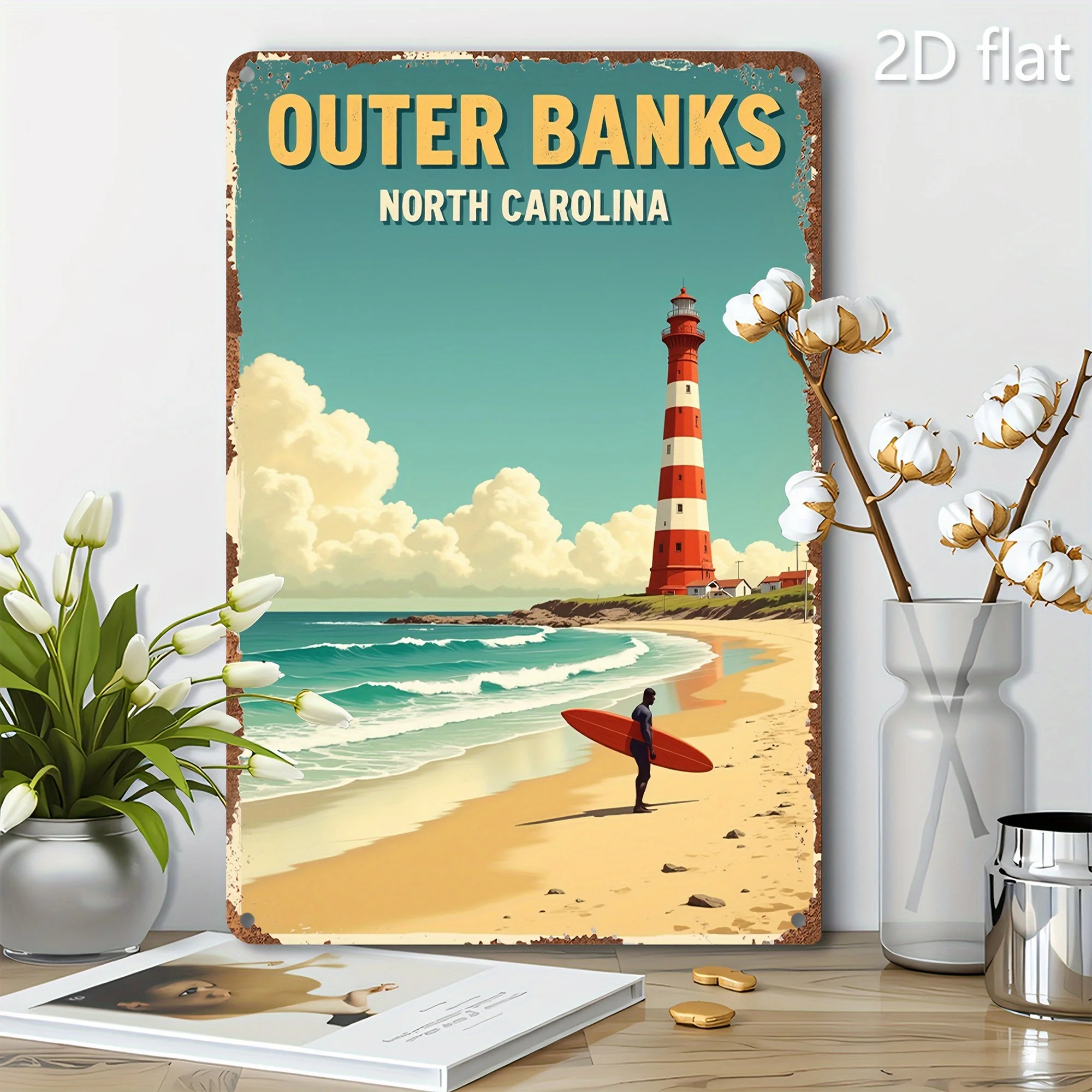 Vintage Outer Banks North Carolina Metallschild Rustikale Sommer-Leuchtturm-Surf-Strandszene Wandkunst Retro Blechschild für Innenräume