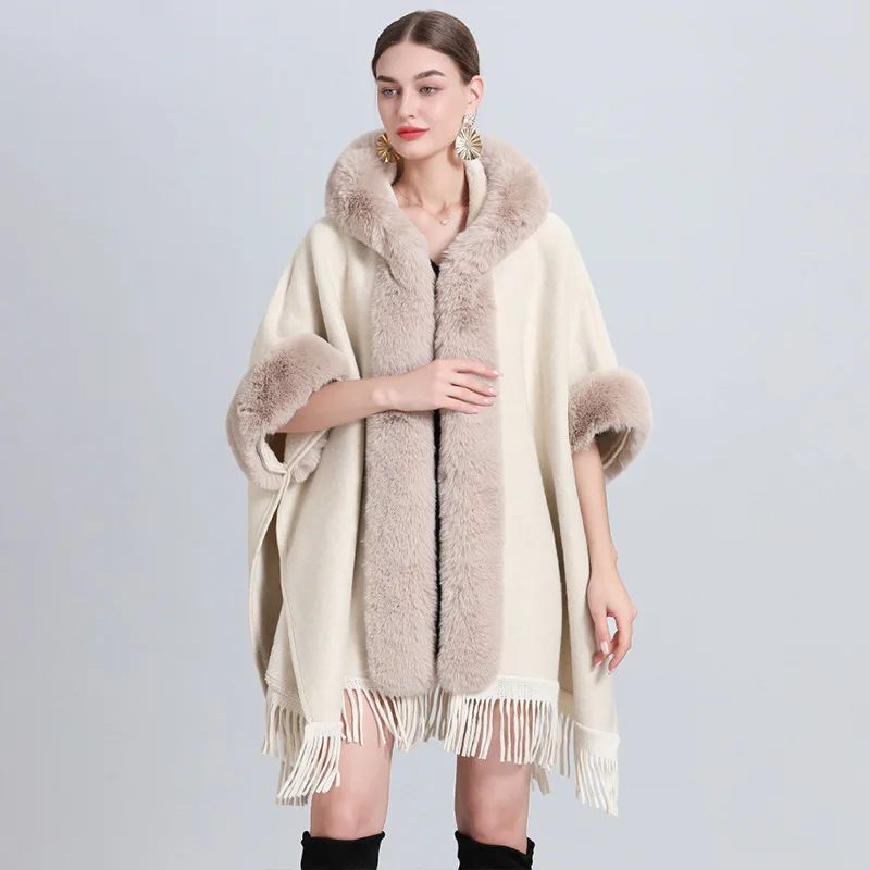 Hot Thick Elegant Solid Color Poncho Cape Shawl Winter New Rabbit Fur Collar Hooded Large Size Woolen Coat for Women