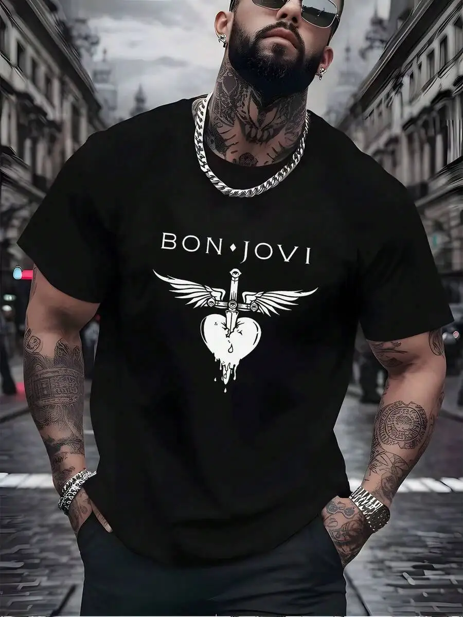 Graphic Print Neck T-Shirt, Men's Black Casual T-Shirt With Bon Jovi Heart Sword Wings Print, Regular Fit, Crew Neck, Short  100% Cotton Trendy Y2K Short-Sleeve Tee-Soft, Quick-Drying, Great Gift for Christmas or Halloween.