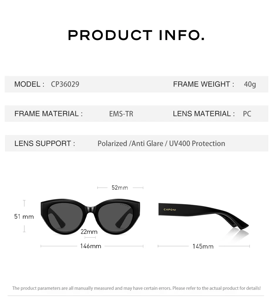 CAPONI Polarisierte Damen-Sonnenbrille mit Katzenaugen-Design, EMS-TR, Outdoor-Mode, Vintage-Design, Marken-Sonnenbrille, UV400, schwarzer Farbton, CP36029 – Detail 15