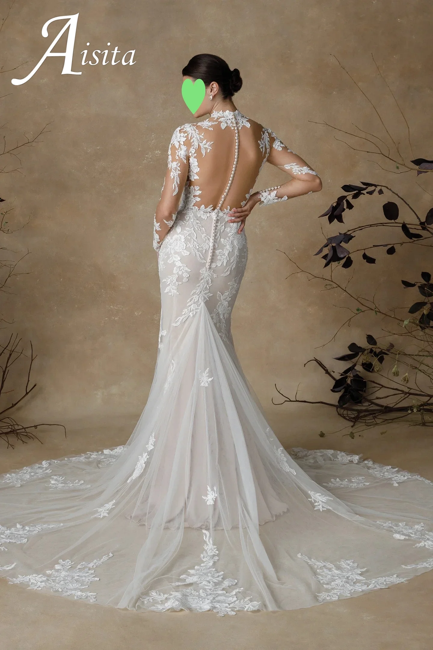 فستان زفاف أبيض حورية البحر لعام 2026 مخصص برقبة عالية وأكمام طويلة مزين بالدانتيل تنورة ذيل السمكة فيستدو دي نوفيا
