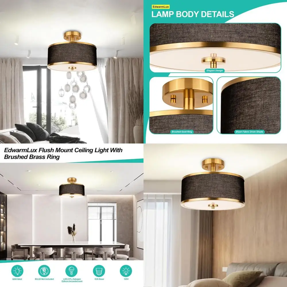 

Modern 12.6 Gold Drum Semi-Flush Ceiling Light with Black Fabric Shade for Various Rooms