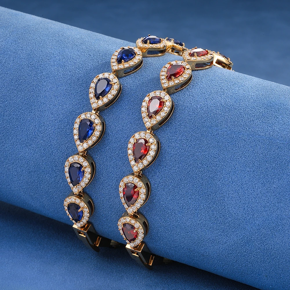 HHIOK Men Women Teardrop Halo Stainless Steel Bracelet Iced Out 7mm Red/Blue Gemstone Cubic Zirconia Waterproof Wedding Jewelry - view 3