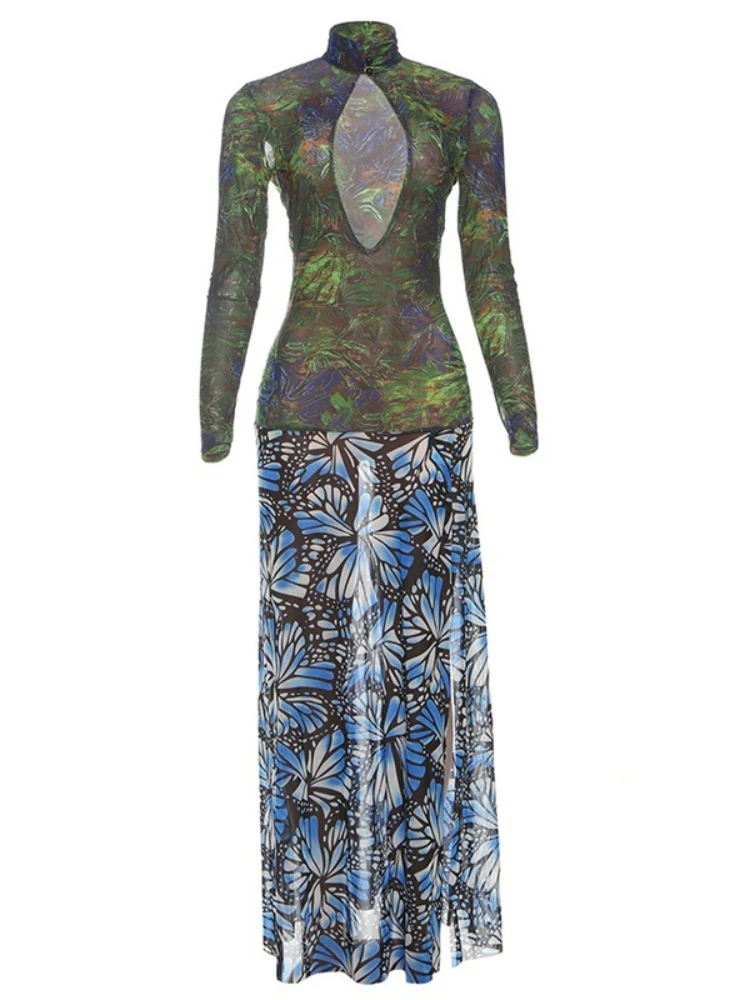 SsTss 2025 nueva moda vestido Maxi estampado mujer Sexy Stand Color manga larga recortado ajustado abertura larga malla Patchwork vestido de fiesta