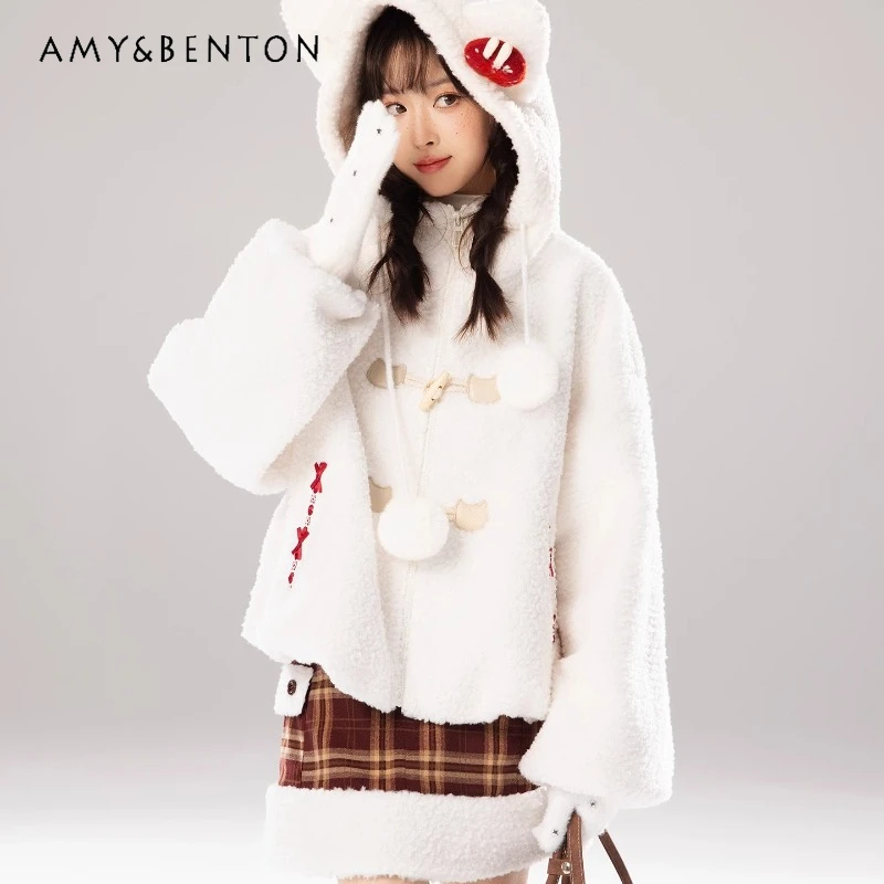 

Осень-зима, новые пушистые женские куртки с белыми рогами и пуговицами, милые милые возрастные универсальные пальто с капюшоном в японском стиле, женские