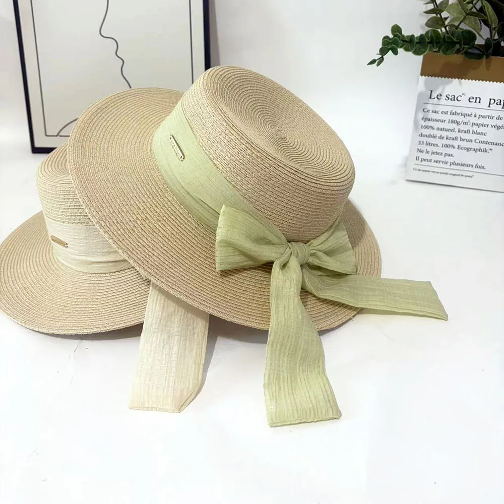 Bow Ribbon Flat Top Straw Hat for Women Summer Woven Straw Sun Hat Holiday Photography Face Sunshade Sun Protection Elegant Hat