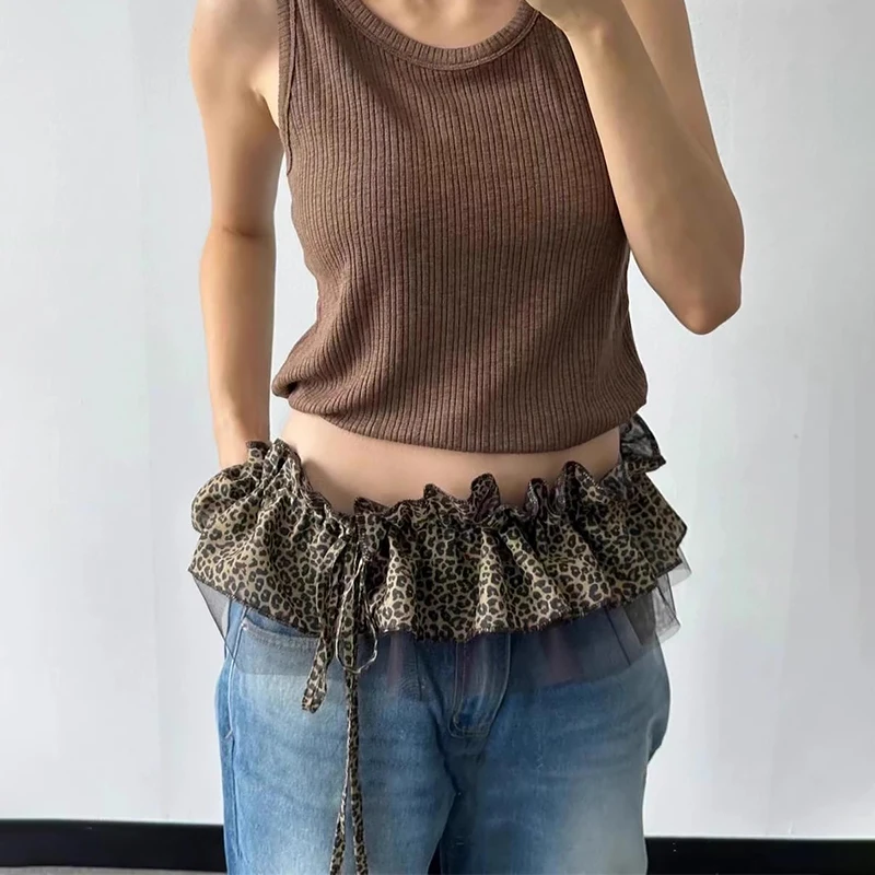 Mode Retro Leopard Print Mesh Gürtel Frauen Chic Spitze Rüschen Layering Taille Rock