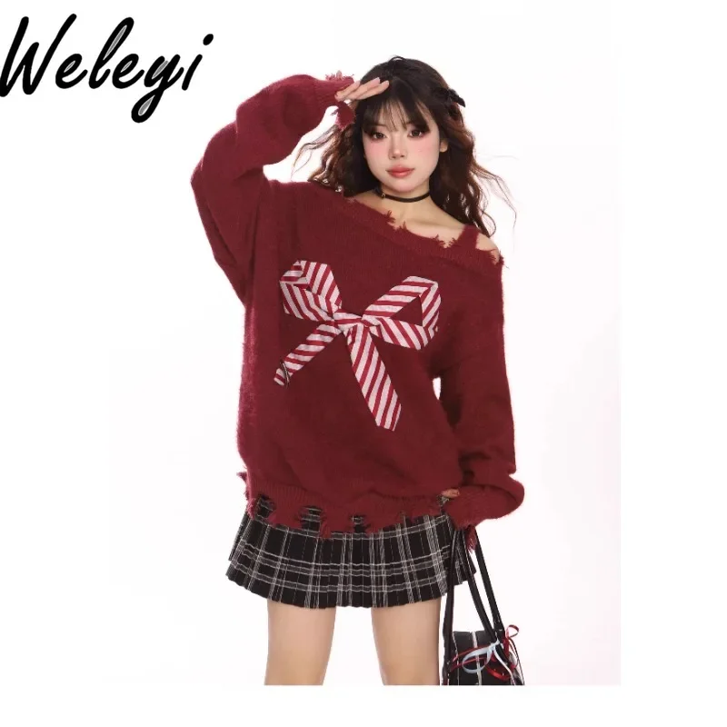 Sweet Mohair Bow Knitted Sweater for Women 2024 Autumn and Winter New Women's Loose Off Shoulder Long Sleeve Red Knitted Tops