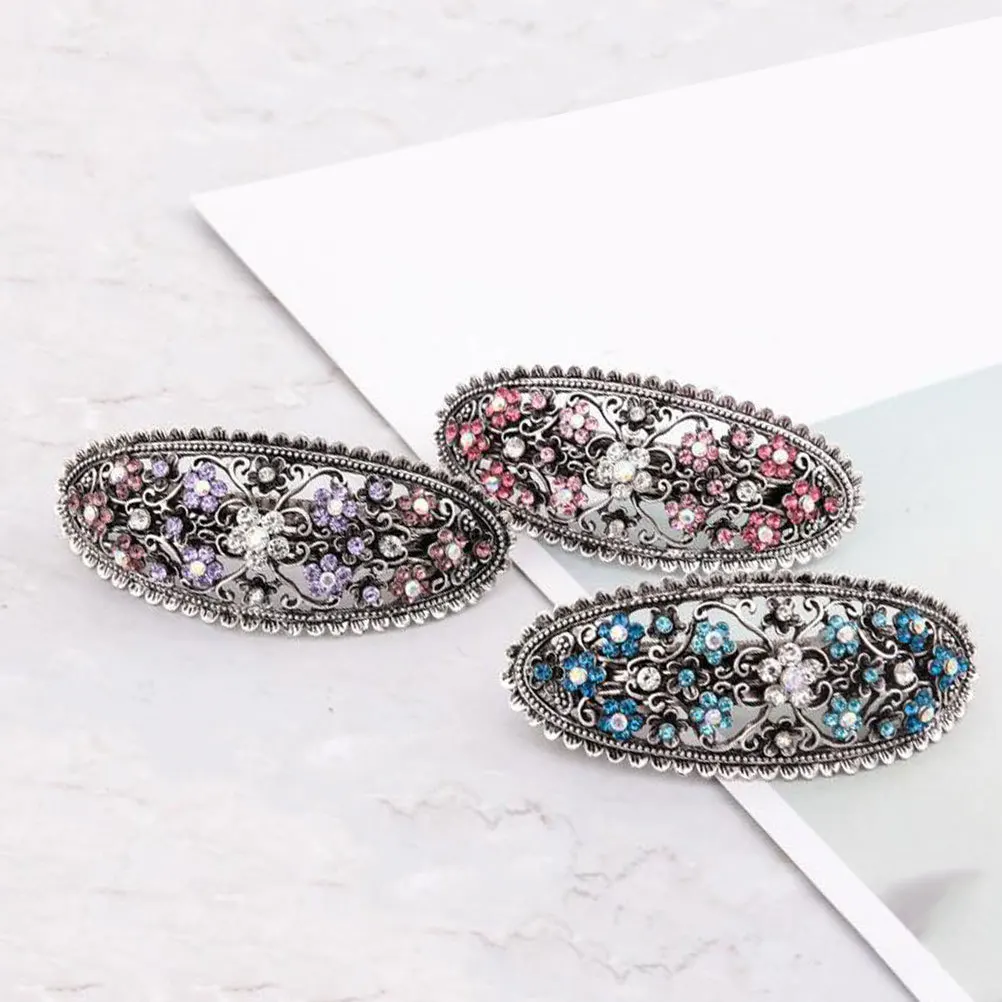 

3pcs Vintage Ponytail Clips Alloy Crystal Oval Spring Hair Clips For Women Hair Styling Accessories Temperament Barrettes