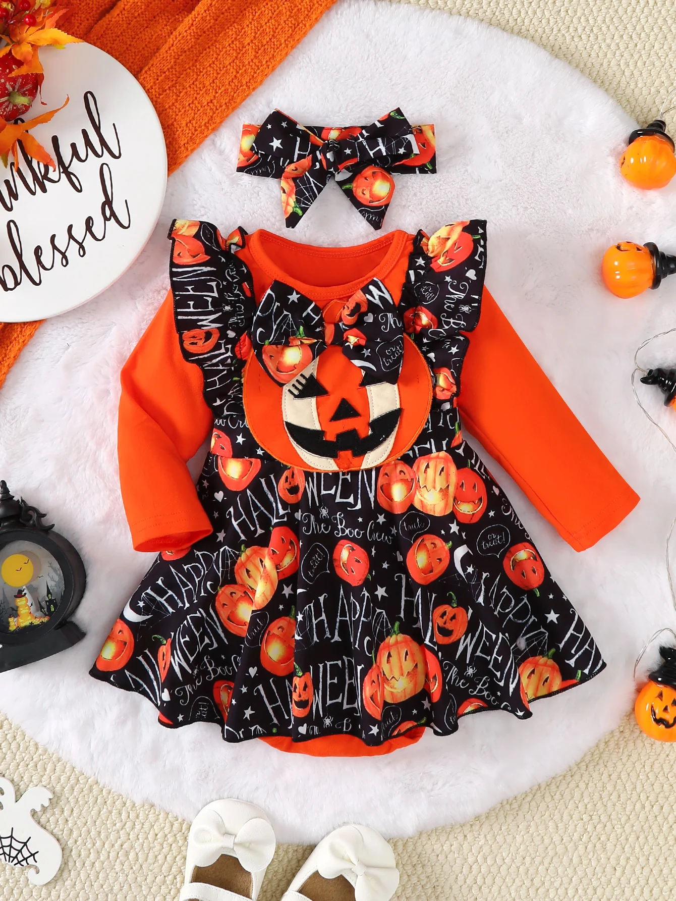 0-18 Months Autumn Infant Baby Girl Clothing 2PCS Halloween Outfit Toddler Long Sleeve Ruffle Pumpkin Print Dress With Headband
