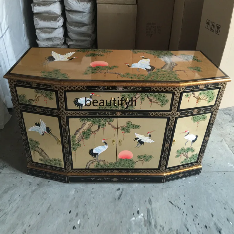 Three-Drawer Four-Door Cabinet Painted Furniture Hand-Painted Landscape Entrance Cabinet Hallway Decorative Cabinet