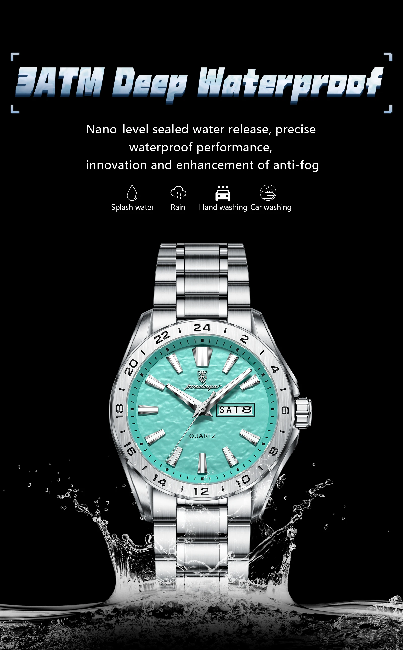 POEDAGAR Top-Mode Herrenuhr, Business, Leuchtend, Wasserdicht, Edelstahl, Herrenuhr mit Datum, Wochentag, Quarz, Sportuhr, Herrenuhren, Reloj – Detail 10