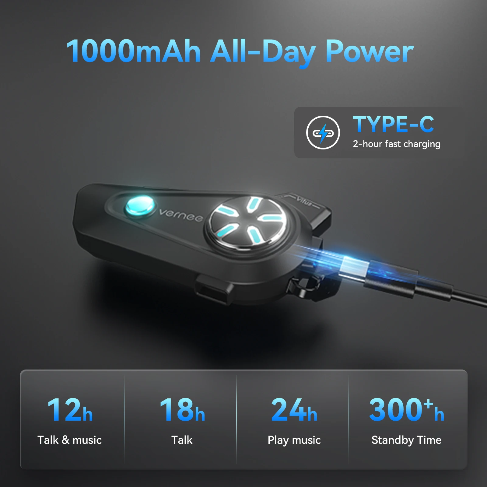 Vernee دراجة نارية سماعة رأس لجهاز الاتصال الداخلي خوذة BT 5.4 الاتصال الداخلي 1000mAh موتو التواصل 2 كجم البيني ل 4 الدراجين IP67 مقاوم للماء