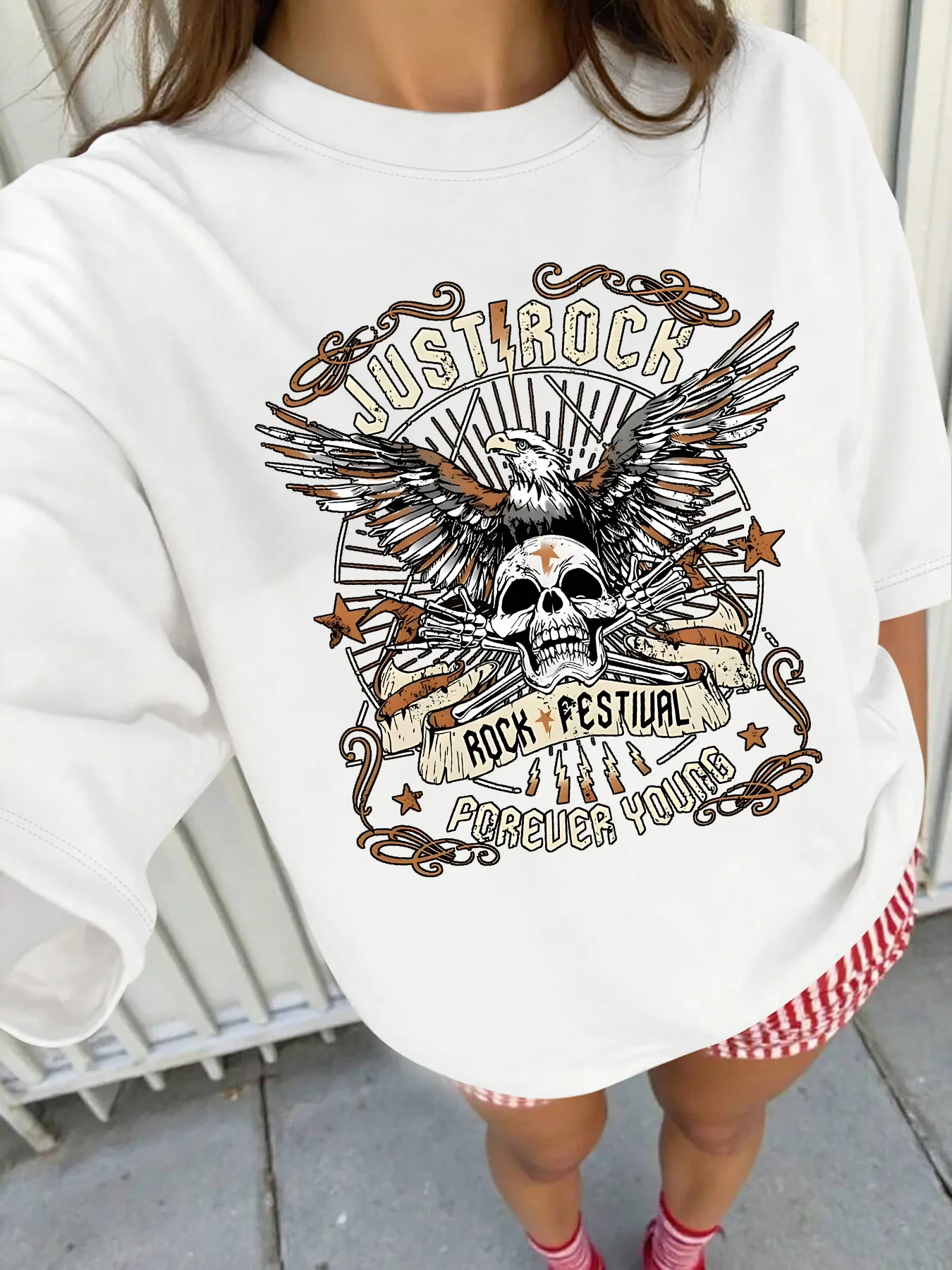 

Plus - Size Rock Festival Graphic Tee - Eagle & Skull Short - Sleeve