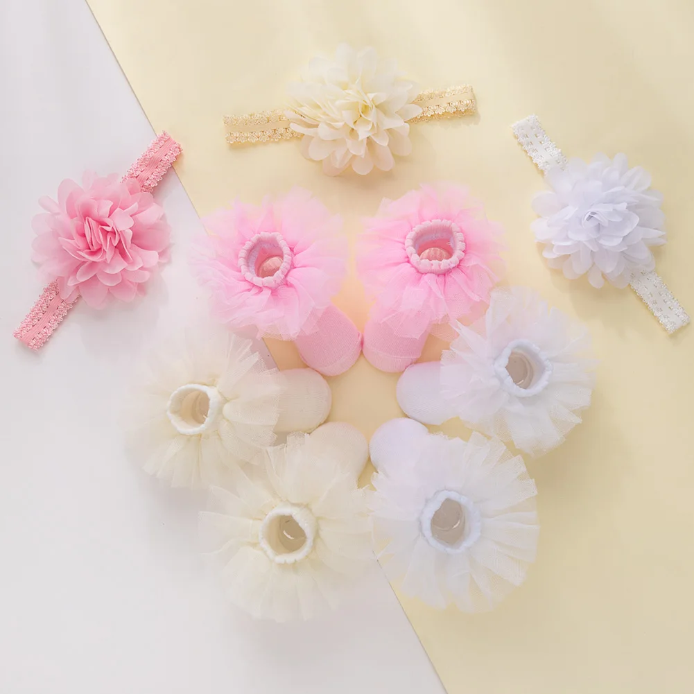 3Pcs/Set Organza Flower Lace Baby Headbands Socks 0-12M Cotton Anti Slip Solid Newborn Toddler Sock Bow Caps Headwraps