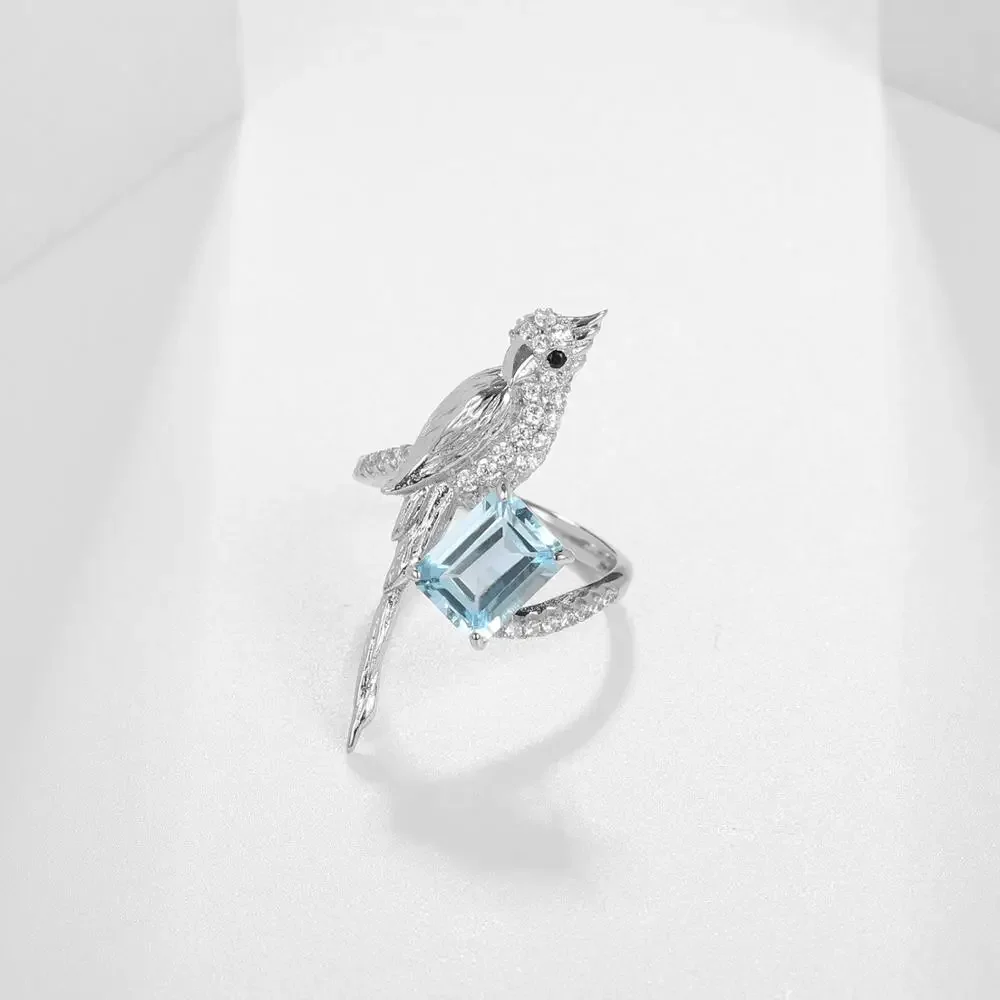 GEM'S BALLET 925 Sterling Silver Gemstone Ring For Women Natural Sky Blue Topaz Flying Bird Handmade Statement Ring Fine Jewelry