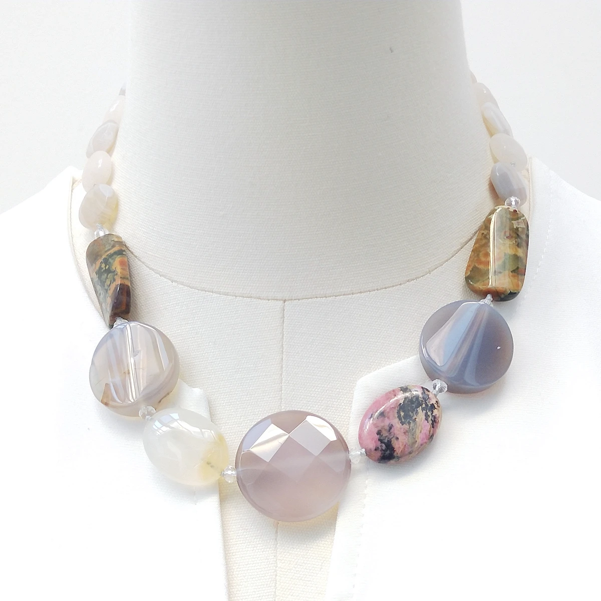 

Lii Ji Real Mix Stone Necklace Gray Agate Rhodonote Jasper Women Necklace Jewelry Gift
