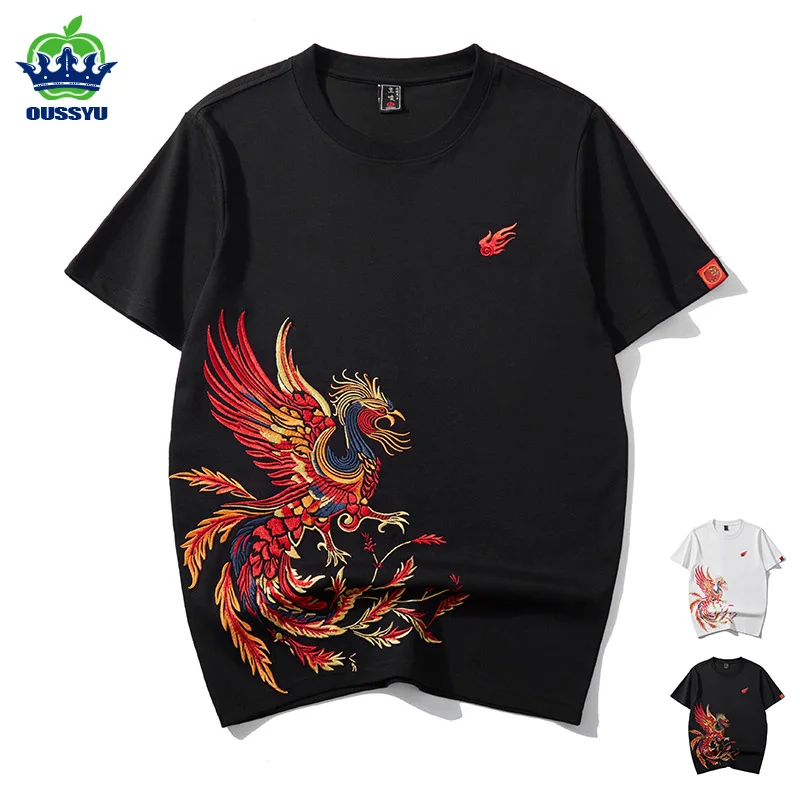 High Quality Summer Embroidery Phoenix Lucky Bird Men's T-shirt 100%Cotton Hip-Hop Harajuku Loose Short-Sleeved Tops Male M-4XL