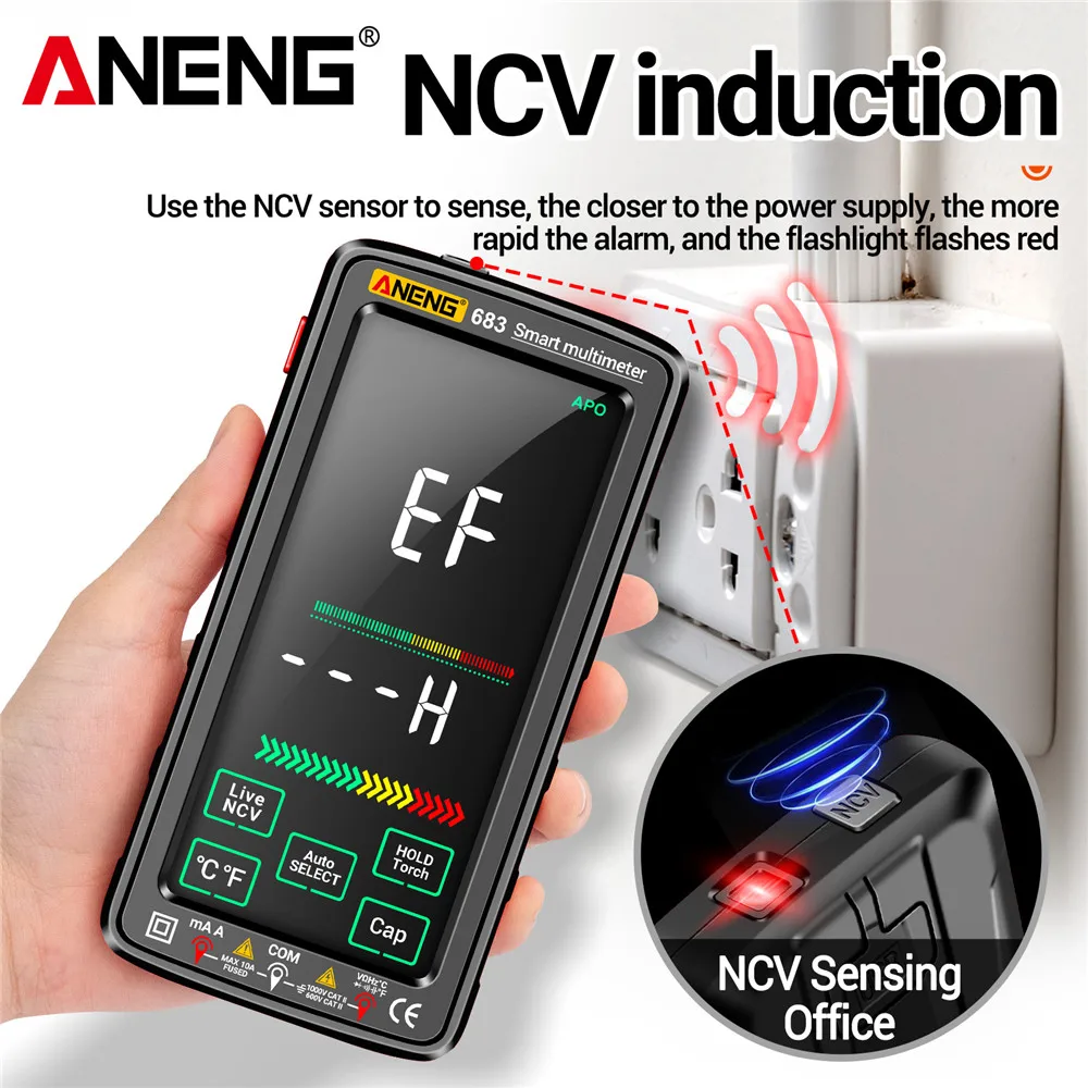 ANENG Multímetro Digital Inteligente, Tela Sensível Ao Toque, 6000 Contagens, Amperímetro AC/DC, Voltímetro, Recarregável Ohm Diodo NCV Tester, 683