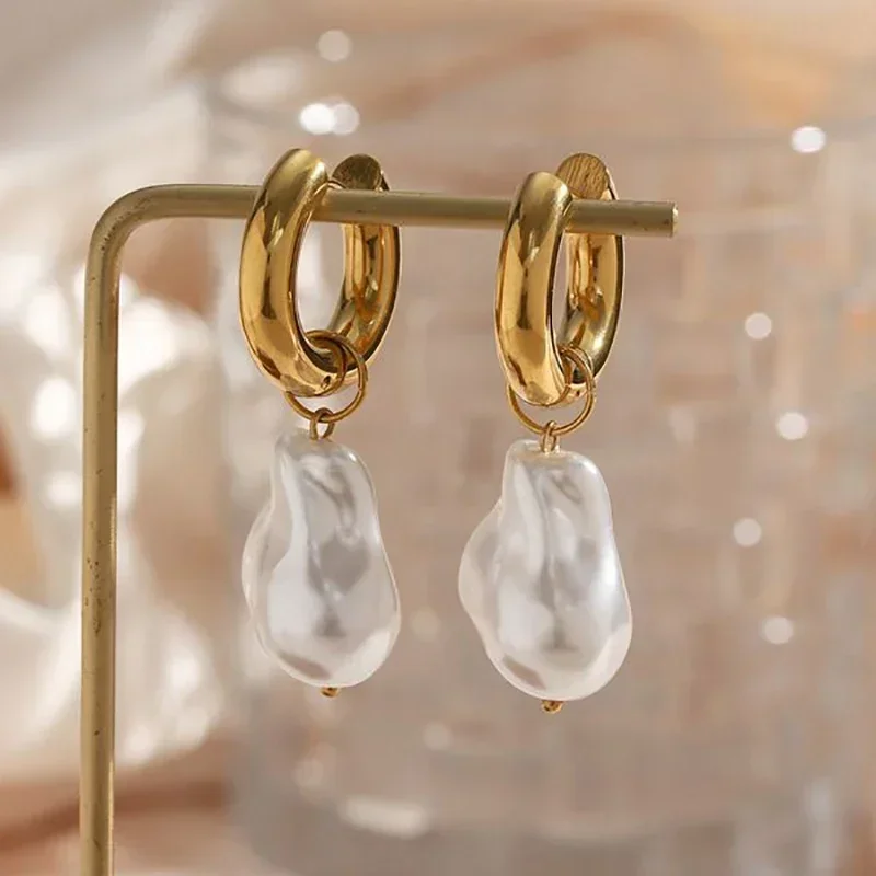 Elegant Geometric Irregular Imitation Pearl Earrings Round Tube U-Shaped Pearls Ear Hoop Stainless Steel Fashion Jewelry Bijoux