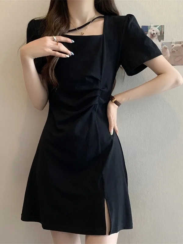 

plus Size Women's Asymmetrical Dress Summer Short A-Line Skirt Waist-Cinching Belly-Covering High Waist Korean Style Commute