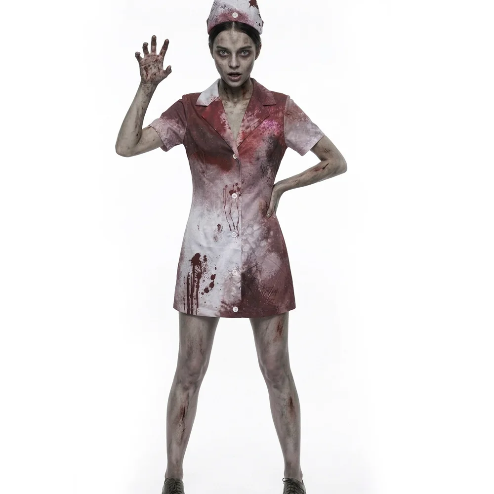 

Halloween Zombie Nurse Costume for Cosplay Bloody Scary Party Outfit Horror Stage Performance Dress for Adults