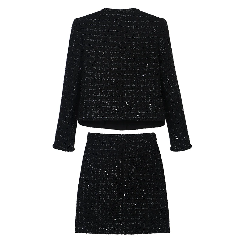 Fashion Celebrity Sequin Tweed Single-Breasted Jacket And Skirt Suit round Neck Style Small Fragrance Temperament New Arrival