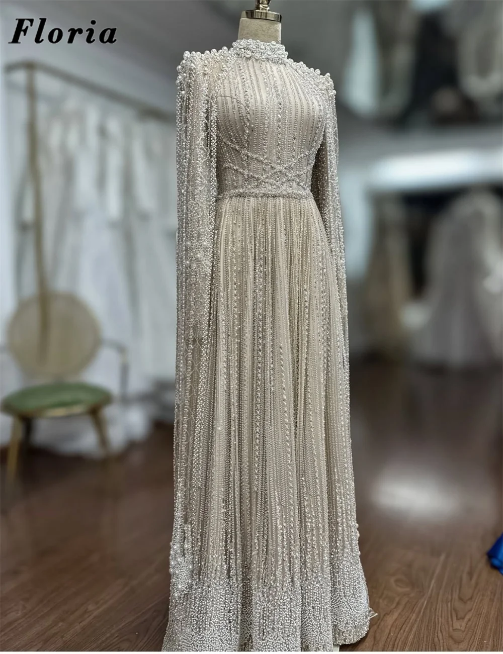 

Muslim SilverBeading Prom Dresses A Line Birthday Party Second Reception Dress With Cloak Customized Evening Dress Engagement