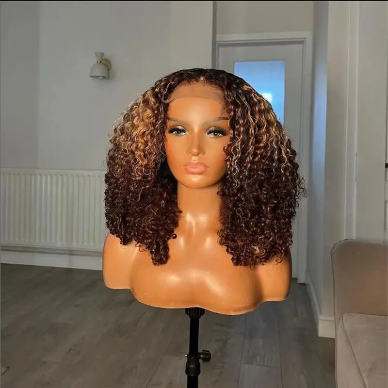 Peluca rizada larga de encaje frontal para mujeres negras, pelo de bebé, resistente al calor, prearrancado, sin pegamento, diario, suave, ombré, marrón, 180de densidad, 26"