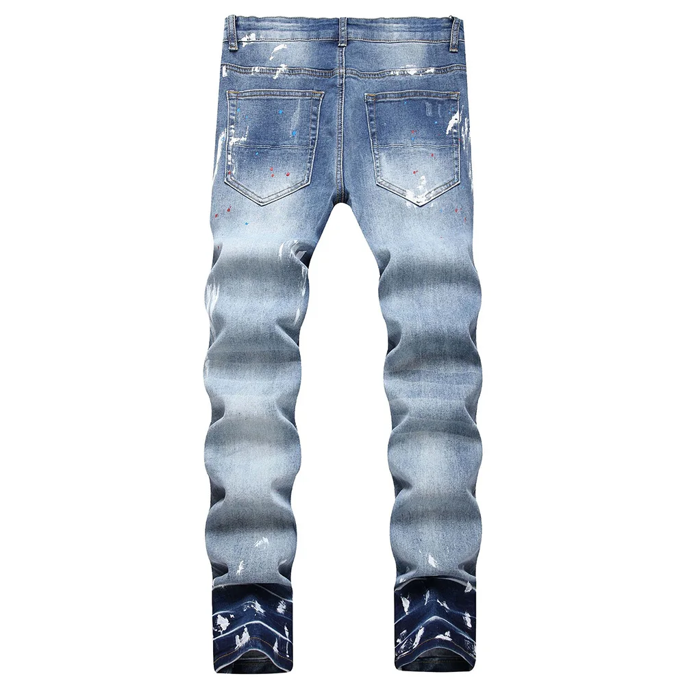 Men Streetwear Denim Jeans Flower Chinese Dragon Print Patches Pants Painted Holes Ripped Slim Tapered Stretch Trousers