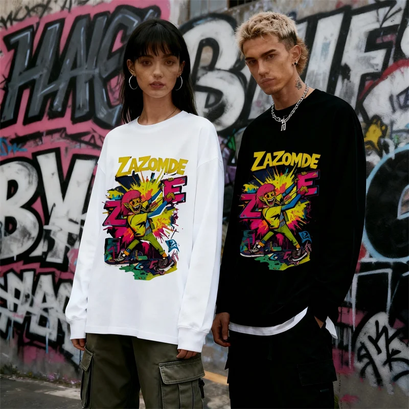ZAZOMDE 2025 Unisex Comic Style Printed Long Sleeve T Shirt 100 Percent Cotton Vintage Cartoon Graphic Fit Street Fashion Tee