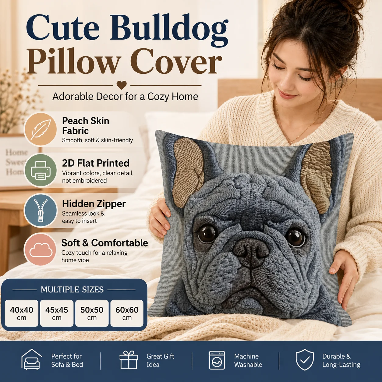 フレンチブルドッグ枕カバー 2D フラットプリントピーチスキ - Home Textiles France のレビューと価格