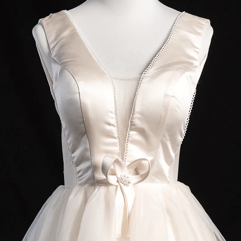 안신 숙녀님 샴페인 새틴 브이넥 레이스 비딩 진주 큰 리본 파티 맞춤 이브닝 드레스 작은 흰색 드레스