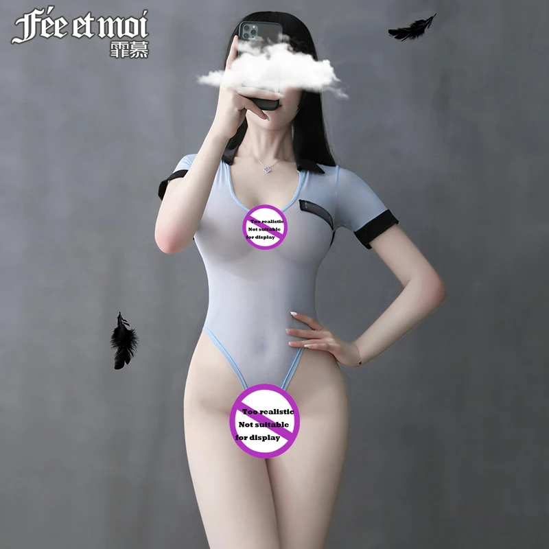 Erotic underwear women's sexy transparent uniform temptation ice silk instructor open file jumpsuit adult products 7948