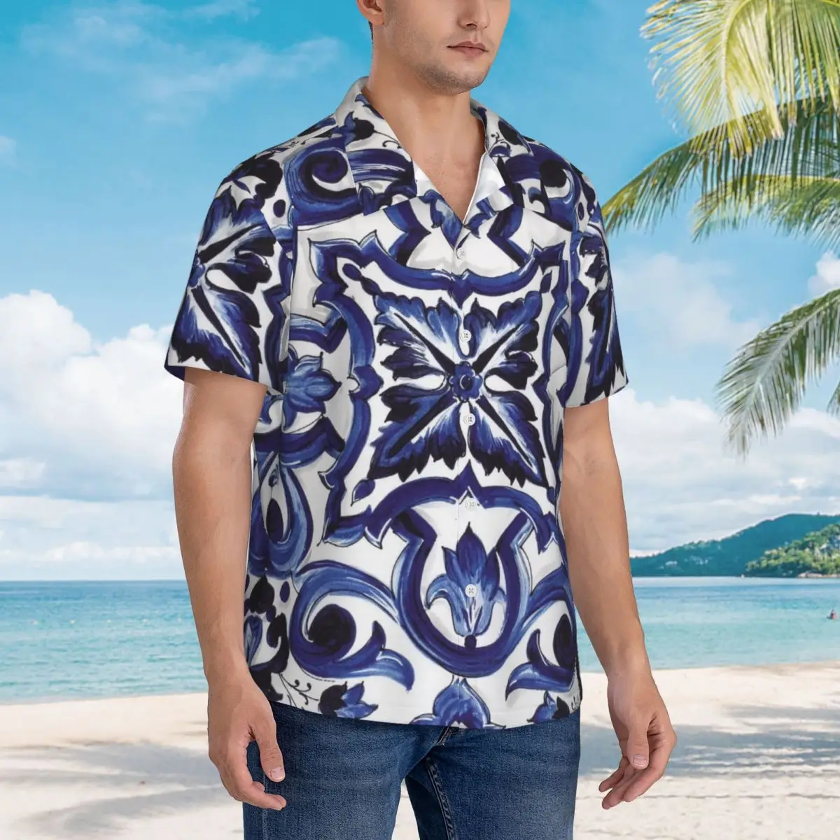 

Blue Ornate Floral Mediterranean Sicilian Tile Hawaiian Shirts Fashion Men Short Sleeve Shirt for Summer Beach Men's Button Tops