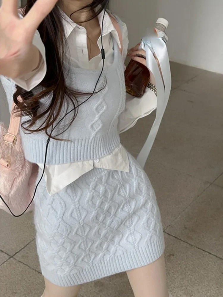 2024 Spring Elegant Knitted Suits Women Even Party Clothing Korean Style 3 Piece Dress Set Office Lady Sweater Vest + Mini Skirt