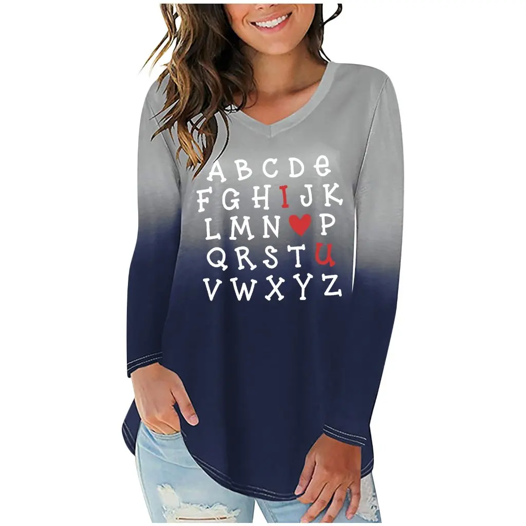 

Women's V-neck Long Sleeve T-shirt Gradient Color English Letters Print Irregular Hem Casual Top for Spring/Autumn
