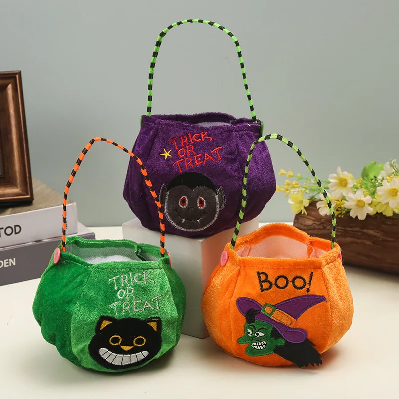 Halloween Velvet Candy Bag Cute Pumpkin Cat Witch Trick or Treat Tote Bucket with Handle Reusable Party Favor for Kids