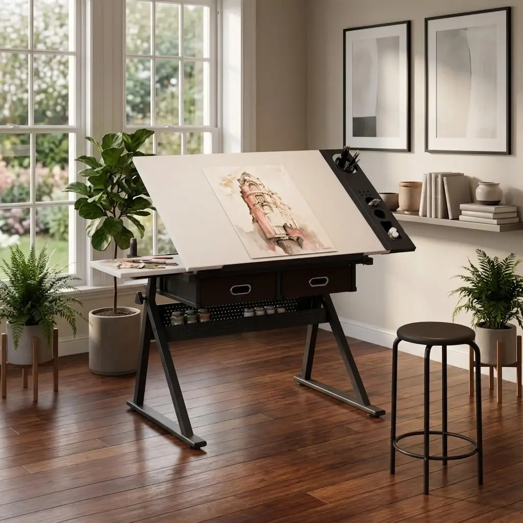 Adjustable Drafting Table with Stool, 0-75° ing Ding Desk with 2 Fabric Ders, Side Storage Rack, Height Adjustable