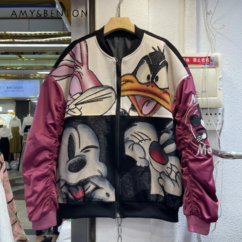 

Fashion Kawaii Long Sleeves Jaquetas Women's Spring New Heavy Industry Embroidered Baseball Jersey Oversized Short O-neck Jacket
