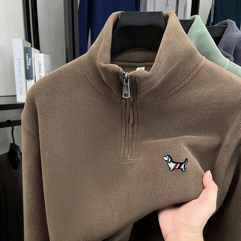 الخريف الشتاء الألمانية المخملية الرجال هوديس الوقوف طوق سستة الكلب التطريز البلوز عالية الجودة الدافئة موضة ملابس رجالية #6