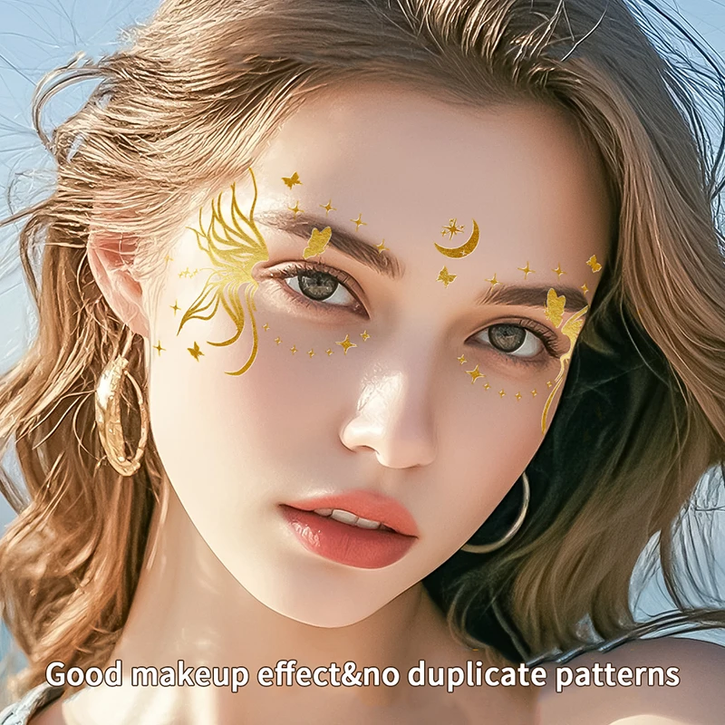 ملصقات على شكل فراشة لامعة وشم للوجه وشم ذهبي مؤقت معدني شارات مكياج مقاومة للماء لمهرجانات حفلات الفتيات