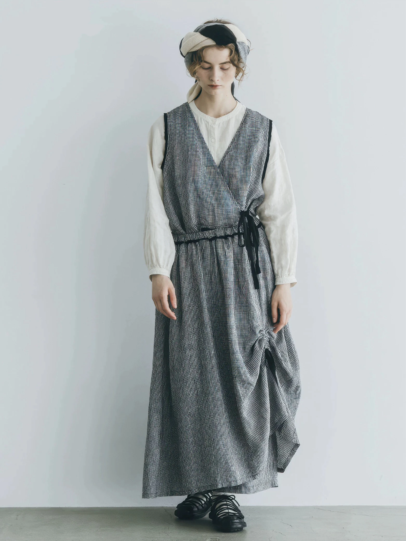 Japanese Style Cotton Linen Plaid Drawstring Half Skirt Color Block Belt Design Spring 2026 Women's Loose Fit Irregular Skirt