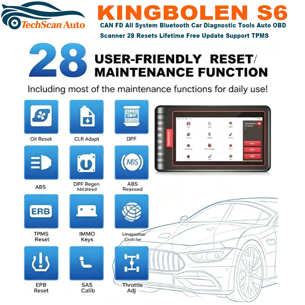 KINGBOLEN S6 CAN FD All System Bluetooth Car Diagnostic Tools Auto OBD Scanner 28 Resets Lifetime Free Update Support TPMS