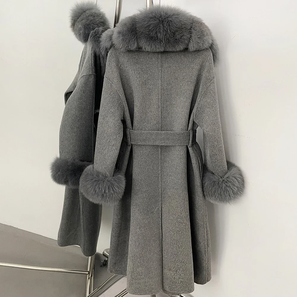 OFTBUY Neue Luxus-Winterkleidung Damen Mittellanger 100% Wollmantel Echter Fuchspelzkragen Gürtel-Wickeljacke aus Wolle für Damen – Detail 31