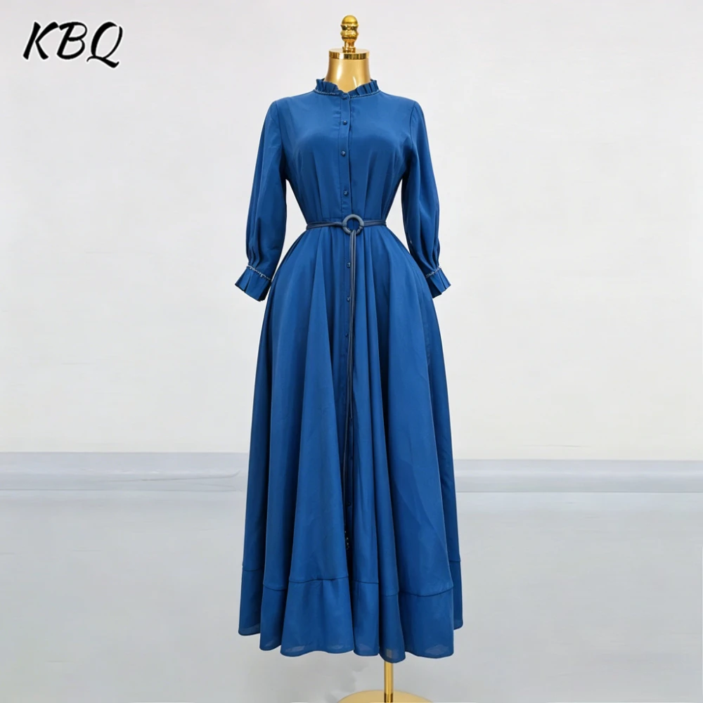 

KBQ Solid Loose Spliced Sashes Dresses for Women Stand Collar Long Sleeve Vintage Gentle Dress Female Summer Fashion Style New