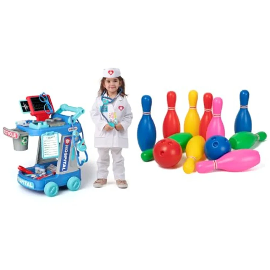 

Doctor play set and toddler bowling set for 2-4 year old boys and girls, plastic and wood materials, multicolor, educational an