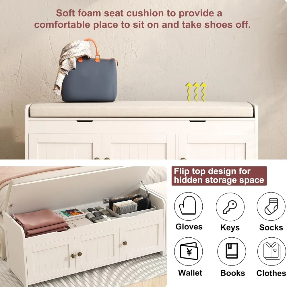 مقعد أحذية قابل للرفع مقاس 41.3 بوصة مع مساحة تخزين، مقعد مبطن للمدخل، غرفة النوم، أبيض #5